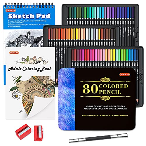 80 색 프로페셔널 색연필, 셔틀 아트 소프트 코어 펜슬 세트 (컬러링 북 1 개, 스케치 패드 1 개, 샤프너 2 개) 미국출고 -564142
