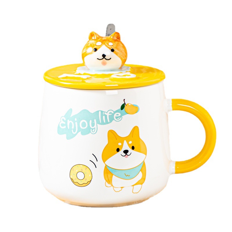 입체 머그컵 러블리 캐릭터 강아지 도자기 물컵 뚜껑 포함 러블리-616059