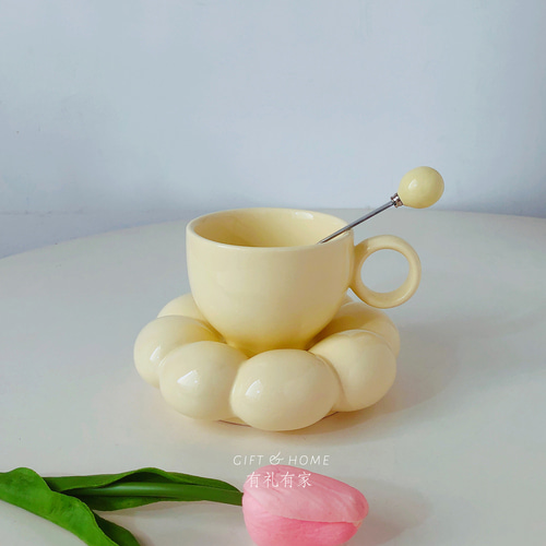 디자인 머그컵 밀크 플라워 통통 커피잔 접시 세트 도자기