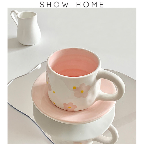 디자인 머그컵 커피컵 디자이너 스타일 핸드페인팅 핑크 벚꽃 도자기 컵 접시