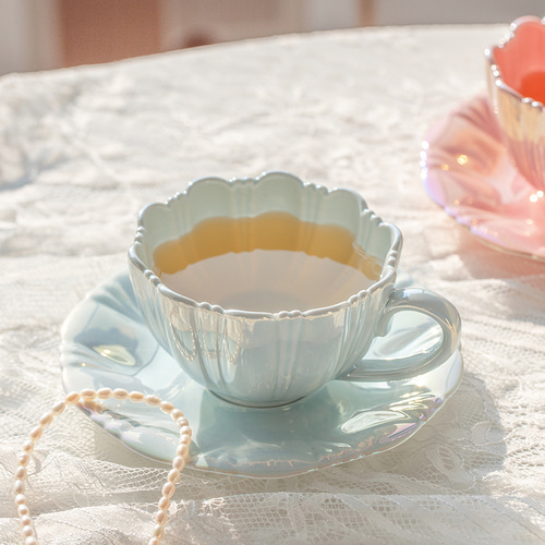디자인 머그컵 바람꽃잎 도자기 커피잔 접시 고휘도 컵 소박 가정용