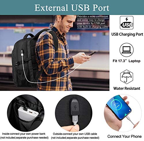 남성용 엑스트라 라지 50L, USB 충전 포트가 있는 방수 17인치 여행용 노트북 블랙 백팩 미국 등산 가방 배낭-626729