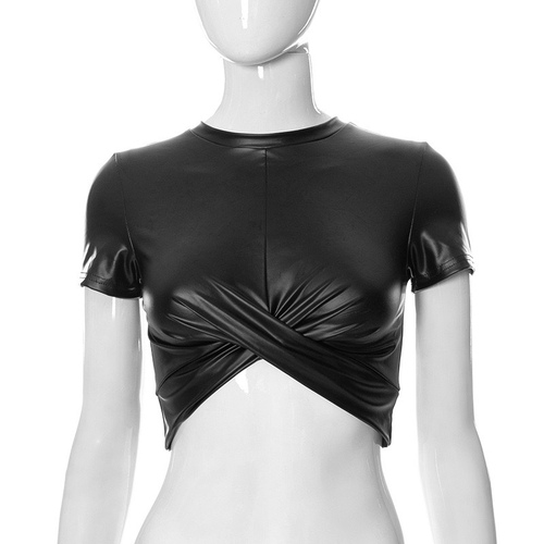 패션 클래식 여성복 블랙 크롭 라운드 pu 가죽 코디 상의 스트리트