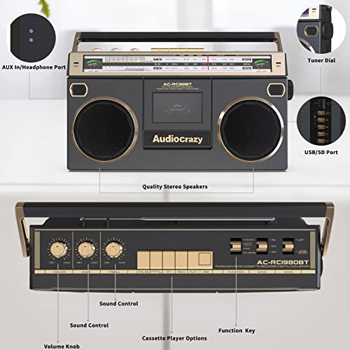 레트로 빈티지 미국 플레이어 Retro Boombox 카세트 AM,FM 단파 라디오, 휴대용 카세트 테이프 레코더, 무선 스트리밍, USB,Micro SD-628065