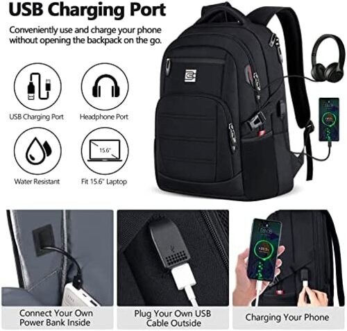 노트북 대형 가방 미국 Bagsure Travel 백팩,USB 충전 포트가 있는 비즈니스 방수 백팩,남성용-629291