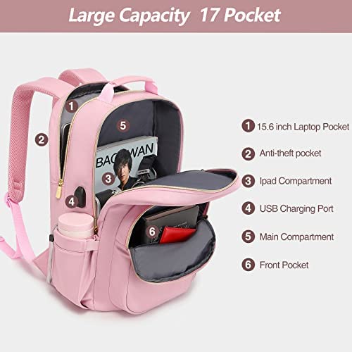 신학기 가방 미국 백팩 bagswan 핑크 노트북 수납 여성 15.6인치 컴퓨터 USB 충전 포트-630384