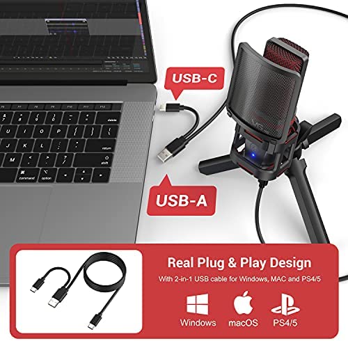 유튜브 방송 마이크 미국 PC PS5용 Vegue USB, 빠른 음소거 기능이 있는 컴퓨터 게이밍-630745