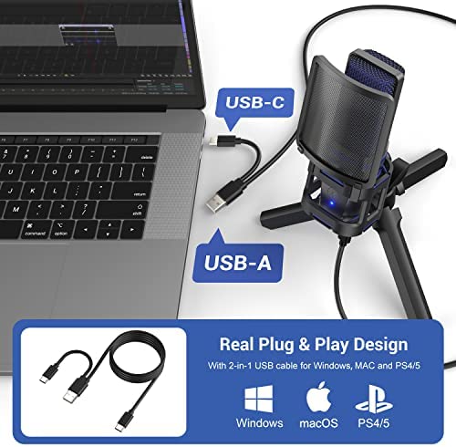 유튜브 방송 마이크 미국 PC용 PERWHY USB, 삼각대 스탠드, 팝 필터, 게임용 쇼크 마운트, 스트리밍-630544