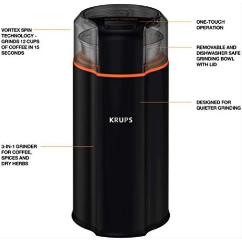 커피 그라인더 미국 향신료, 드라이 허브 및 , 12컵, 블랙을 위한 KRUPS 무성 와류 전기 -631731