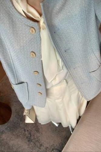 트위드 자켓 블루 숏코트 가을겨울 프렌치 명원 유니크