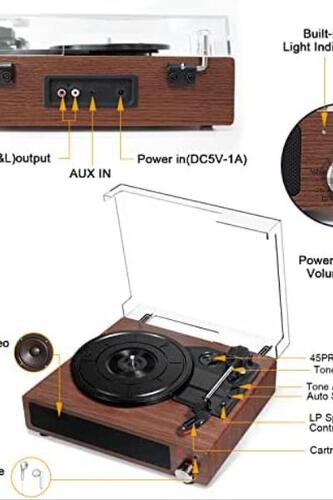 레트로 블루투스 레코드 턴테이블 빈티지 플레이어, 2개의 스테레오 스피커가 내장된 FYDEE , 3단 33/45/78 RPM LP -640817