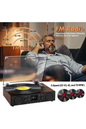 레트로 블루투스 레코드 턴테이블 빈티지 스피커가 있는 플레이어 USB 녹음 FM 라디오 음소거 사운드, RCA 라인-아웃이 3단-640842