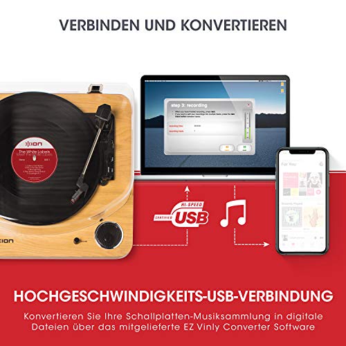 ION Audio Max LP 스피커 레트로 USB 턴테이블 LP 플레이어 MAC 및 PC용 MP3 변환 소프트웨어 우드 마감-543398 독일출고