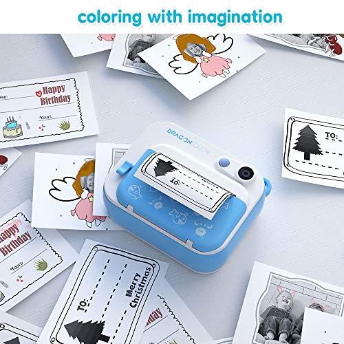 즉석카메라 폴라로이드 Dragon Touch 즉석Fun 즉석 프린트 카메라 for Kids, Zero Ink Toy 카메라 with 프린트 Paper, Cartoon Sticker, Color Pencils-5503-550381