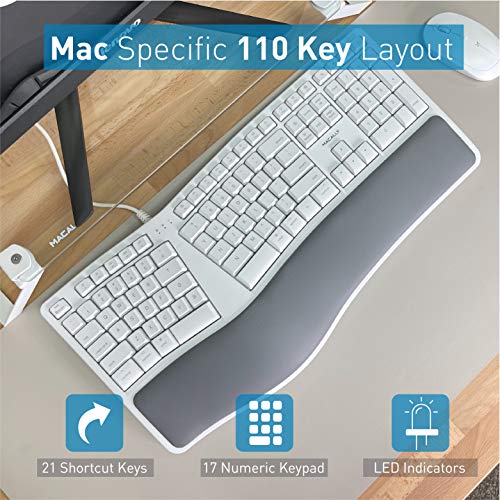 Macally Mac Wired 키보드 with Wrist Rest - Natural and Comfortable Typing - Split Ergonomic 키보드 맥 미국출고 -563061