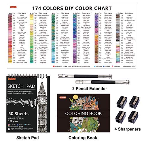 174 Colors Professional 색연필, Shuttle Art Soft Core Coloring Pencils Set with 1 Coloring Book, 1 Sketch Pad, 4 Sharpener, 미국출고 -564191