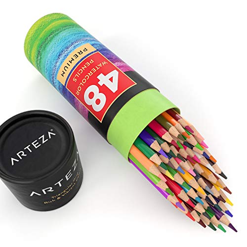 Arteza 수채화 연필 48 개 세트, 미리 깎은 삼각형 모양의 색연필 성인 및 어린 이용, 그리기, 스케치 및 페인팅 미국출고 -564300