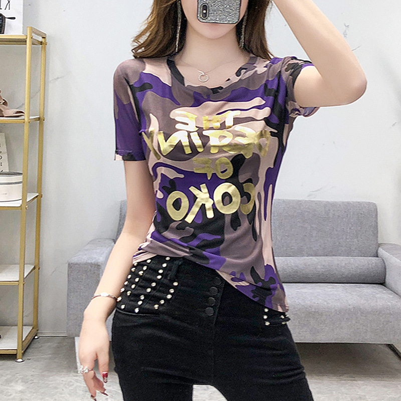 밀리터리반팔홍콩 여성복 2021 패션 프린트 티셔츠 여자 반팔 샤베트-573498