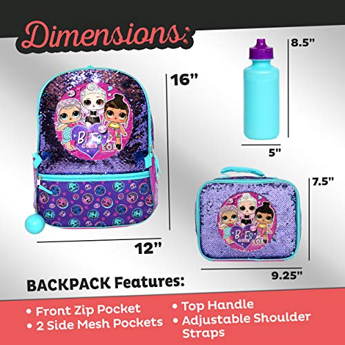 LOL Girl’s 4 Piece Backpack Set, Sequined School Bag with 엘오엘 서프라이즈 L.O.L. Surprise Front Panel and Mesh Pockets, Insula 미국출고-577418