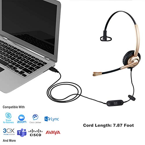 마이크 소음 제거 기능이있는 한쪽 귀 USB 헤드셋, PC 노트북 태블릿 용 볼륨 조절 및 마이크 음소거 기능이있는 골드 폰 헤드폰, Skype, Zoom, Lync 용 다기능 한쪽 귀 유선 헤드폰-5775 미국출고-577561