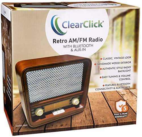 ClearClick Classic Vintage 레트로 엔틱 Style AM,FM Radio with Bluetooth &amp; Aux-in - Handmade Wooden Exterior  미국출고-577768