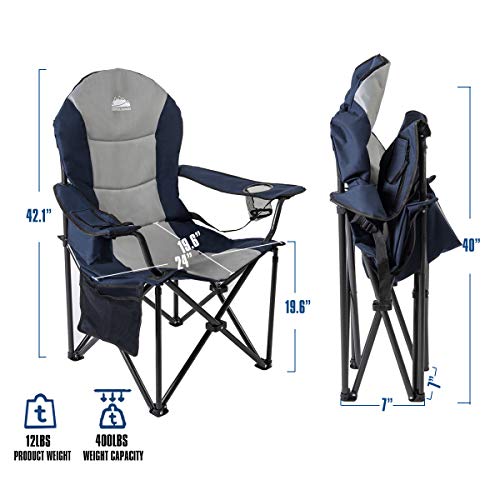 요추 등받이가있는 Coastrail 야외 캠핑 의자, 쿨러 백, 컵 홀더 및 사이드 포켓이있는 대형 패딩 잔디 의자 접이식 쿼드 암 의자, 캠핑의자 미국출고-577821