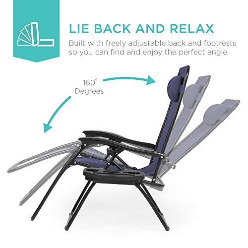 최고의 선택 제품 2 개의 조정 가능한 강철 메시 무중력 라운지 의자 안락 의자 베개 및 컵 홀더 쟁반 세트, 파란색 캠핑의자 미국출고-577836