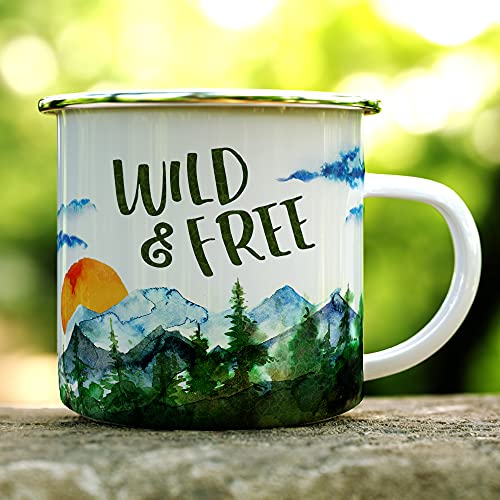 야생 및 무료 에나멜 캠프파이어 머그 야외 모험 매니아 캠핑 커피 컵 Wanderlust Mountain Nature 하이킹 캠프 연인 선물 12oz 579195 미국출고 캠핑컵