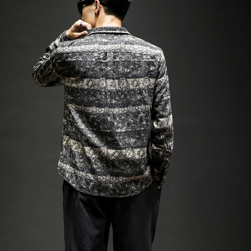 남자셔츠 일본계 빈티지 배색 남성 긴팔 스트라이프 캐주얼 옷 슈트-608291