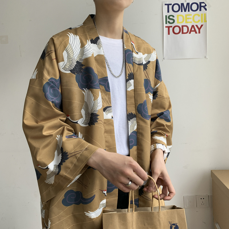 남자 7부자켓 일본계 하오리 기모 셔츠 코트 남 프린트 카디건 루즈핏-608479