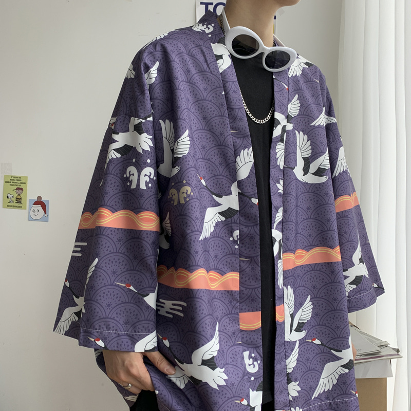 남자 7부자켓 일본계 하오리 기모 셔츠 코트 남 프린트 카디건 루즈핏-608479