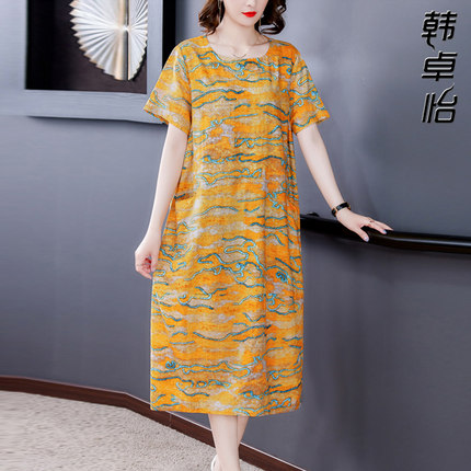 모시 원피스 면마 여름 패션 프린트 일자 스커트 서양풍 루즈 미디-614418