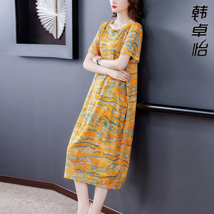모시 원피스 면마 여름 패션 프린트 일자 스커트 서양풍 루즈 미디-614418