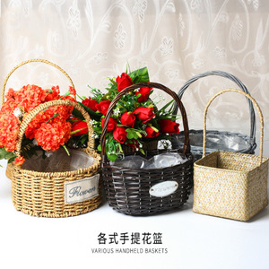 라탄 다용도 바구니 등나무 꽃바구니는 손으로 바구니를 짜서 장식한 해초 편물 꽃 재료가 작다-520526