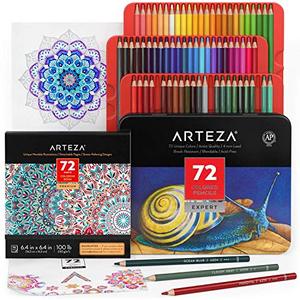 Arteza Mandala Coloring Art Set, 색연필 72 and Mandala Coloring Book with 72 독특한 디자인, 휴식과 스트레스 해소를위한 미술 용품 미국출고 -564267