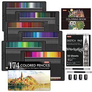 174 Colors Professional 색연필, Shuttle Art Soft Core Coloring Pencils Set with 1 Coloring Book, 1 Sketch Pad, 4 Sharpener, 미국출고 -564191