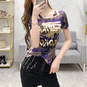 밀리터리반팔홍콩 여성복 2021 패션 프린트 티셔츠 여자 반팔 샤베트-573498