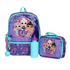 LOL Girl’s 4 Piece Backpack Set, Sequined School Bag with 엘오엘 서프라이즈 L.O.L. Surprise Front Panel and Mesh Pockets, Insula 미국출고-577418