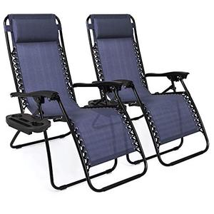 최고의 선택 제품 2 개의 조정 가능한 강철 메시 무중력 라운지 의자 안락 의자 베개 및 컵 홀더 쟁반 세트, 파란색 캠핑의자 미국출고-577836