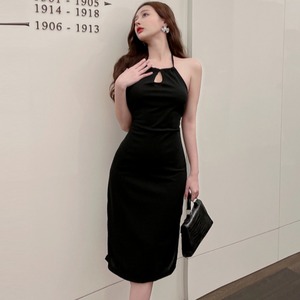 홍콩식 달콤매운 심플 홀터넥 드레스 고급 백 미디 오픈 클럽 원피스